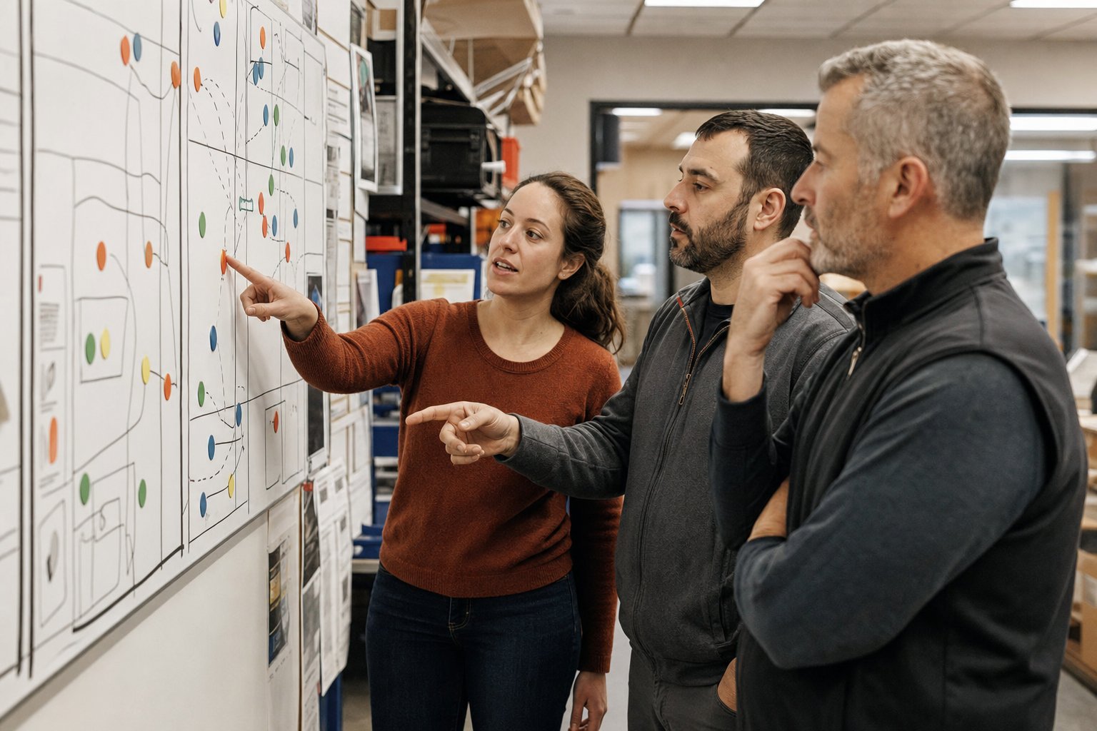 A field leader and frontline team studying a visual workflow board together