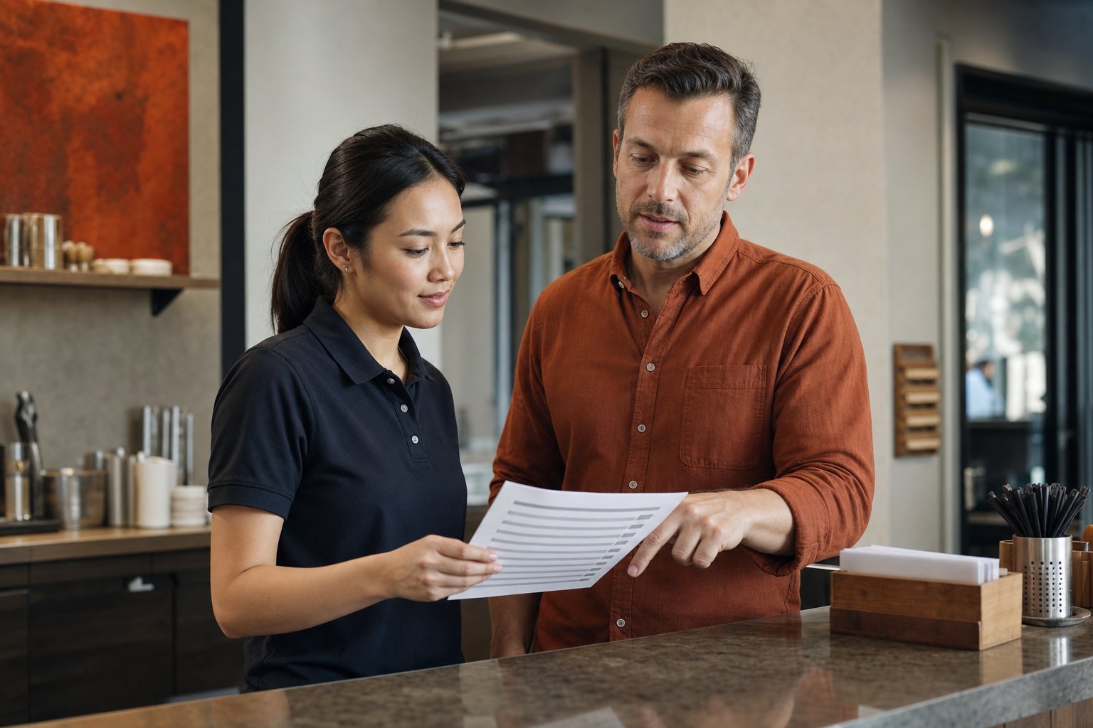 A location manager and frontline team member reviewing a customer handoff checklist
