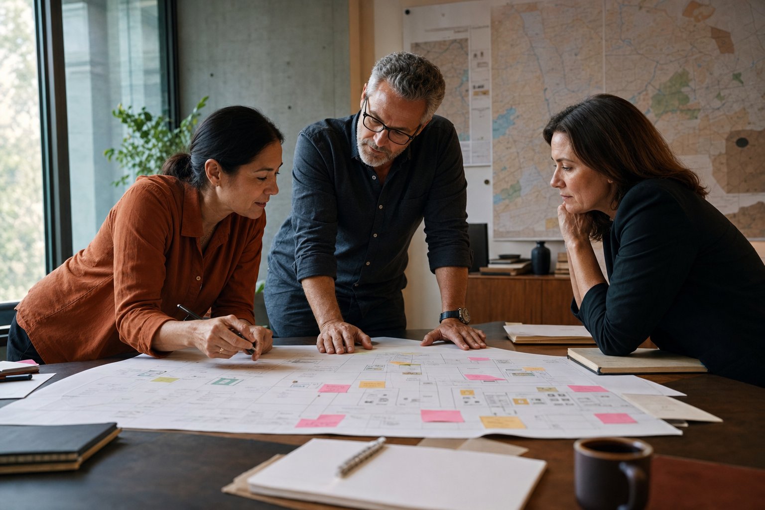 Three leaders reviewing a detailed service blueprint together