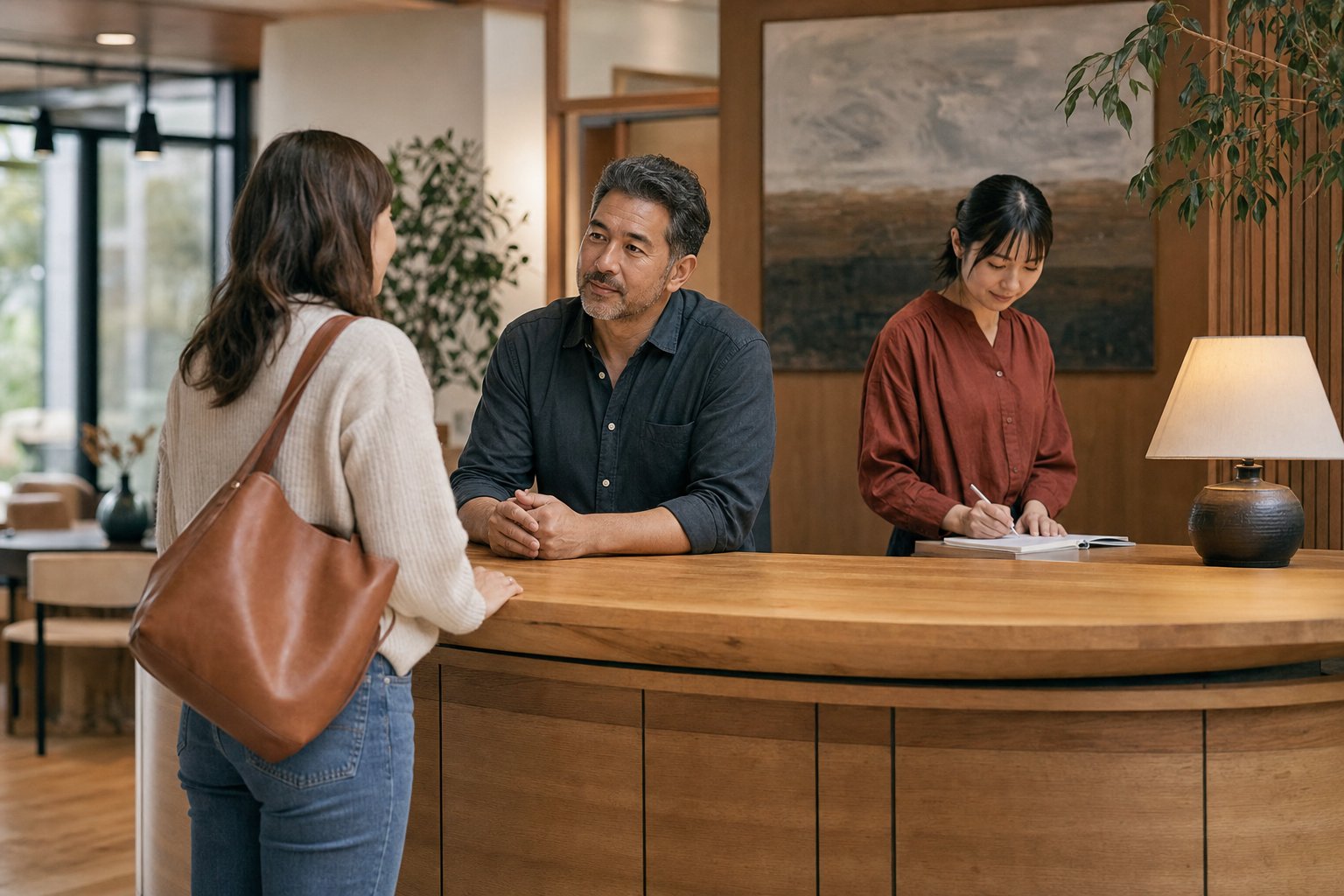 A manager listening to a customer while a team member prepares the next step