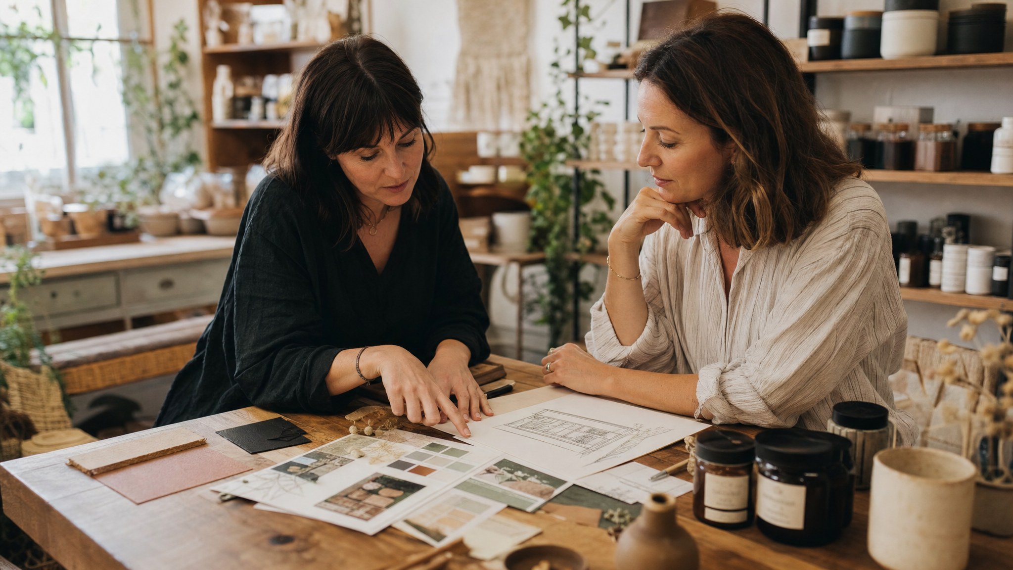 A small business owner and brand consultant reviewing brand materials together