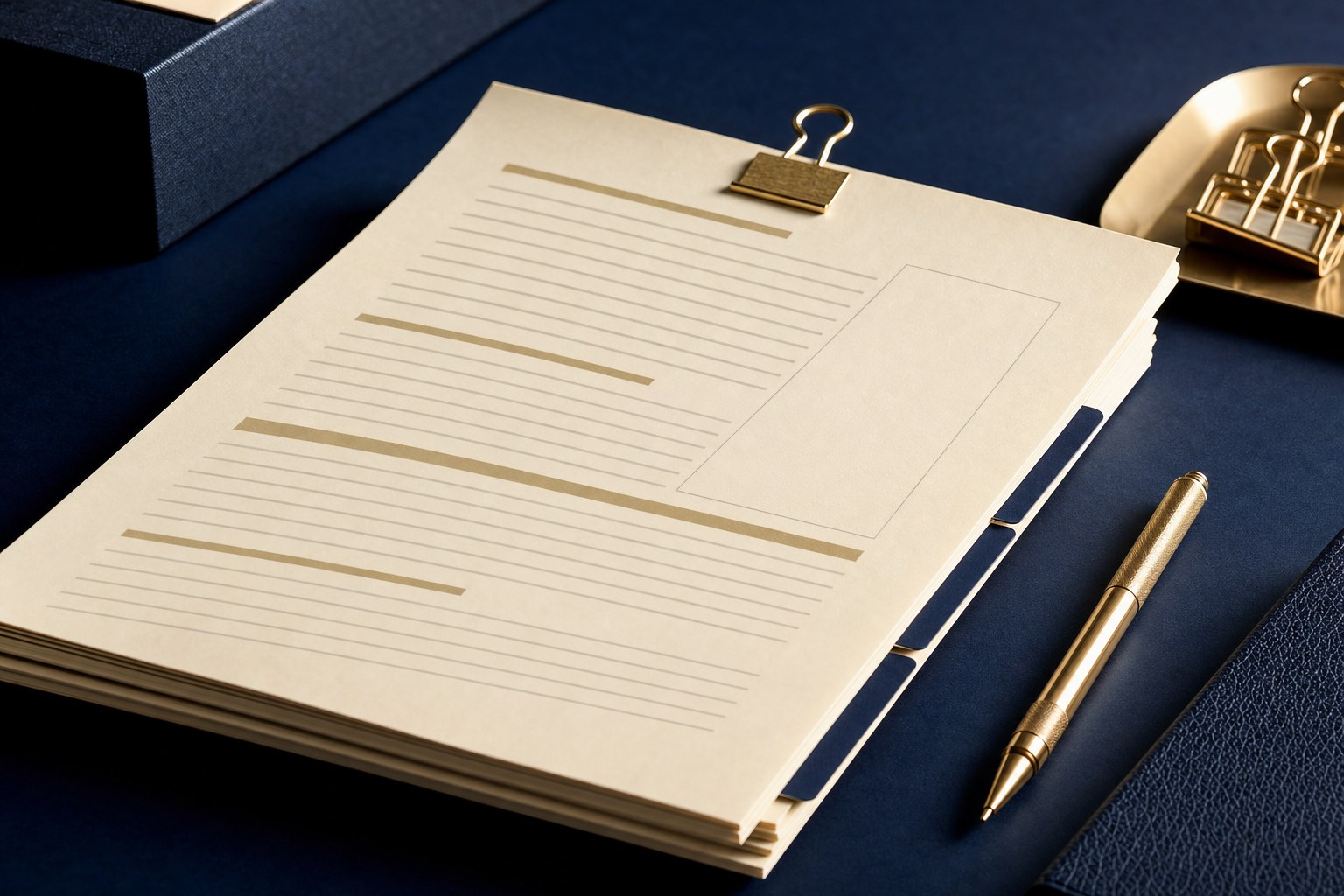 Organized proposal documents with navy dividers and a gold pencil