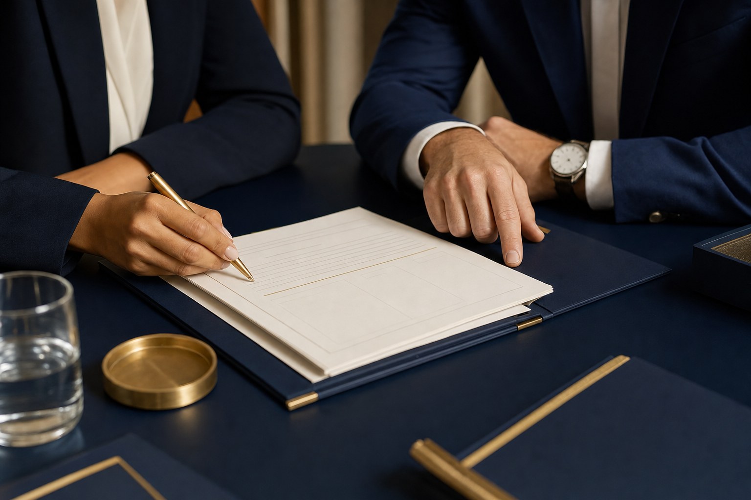 Professionals reviewing a proposal together at a navy table