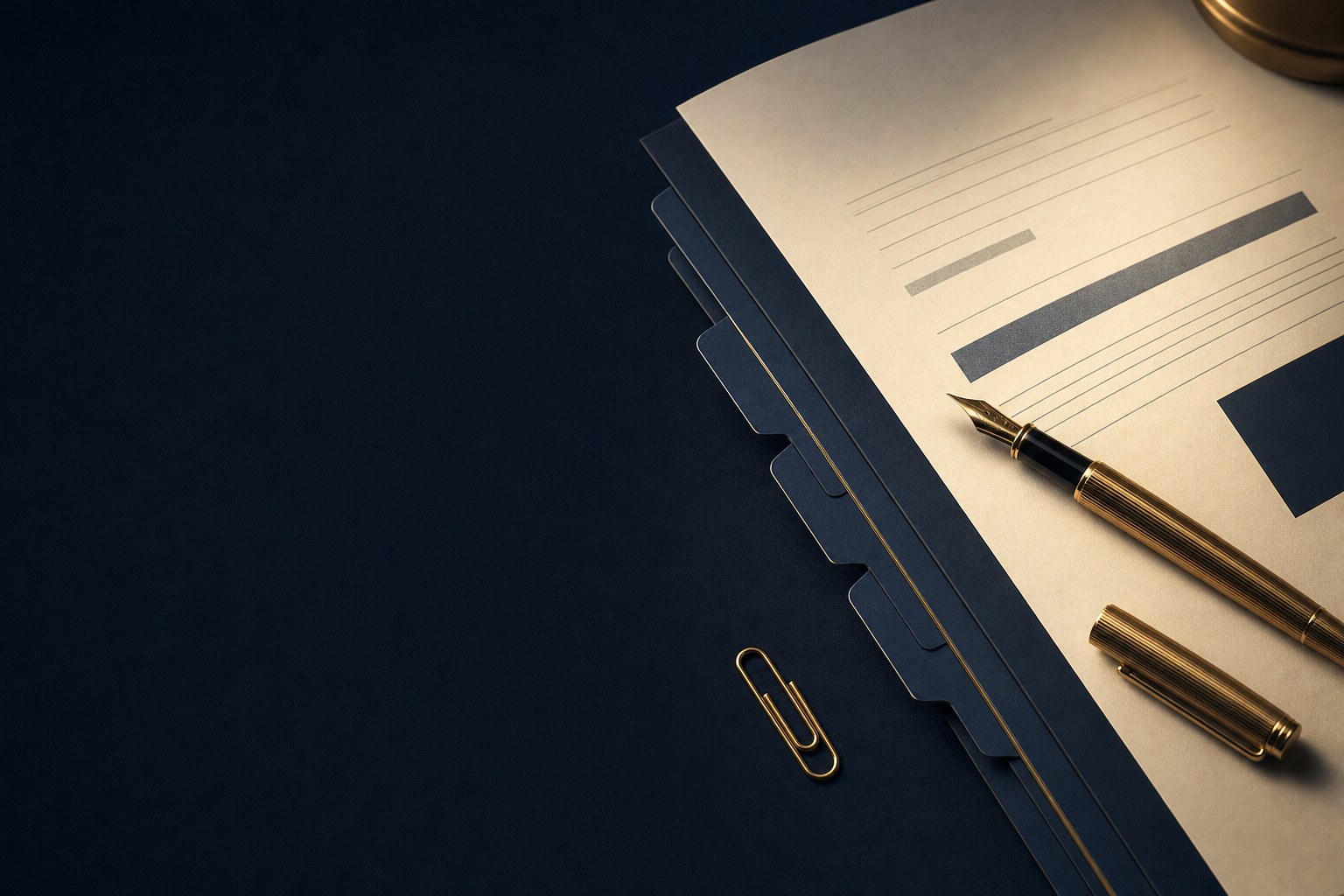 Proposal papers and a gold pen arranged on a navy desk
