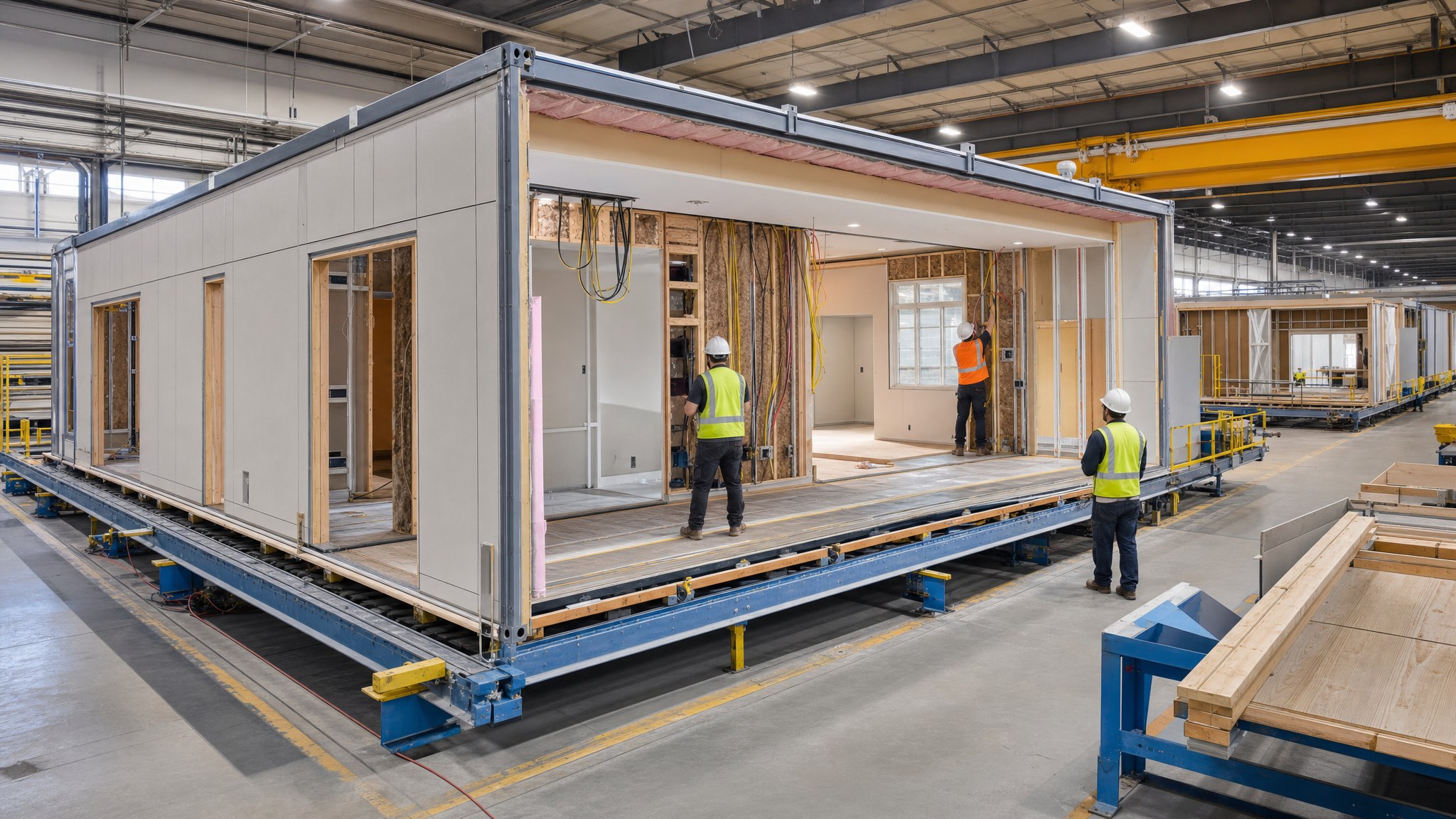 Partially completed modular building section being assembled and inspected in a factory