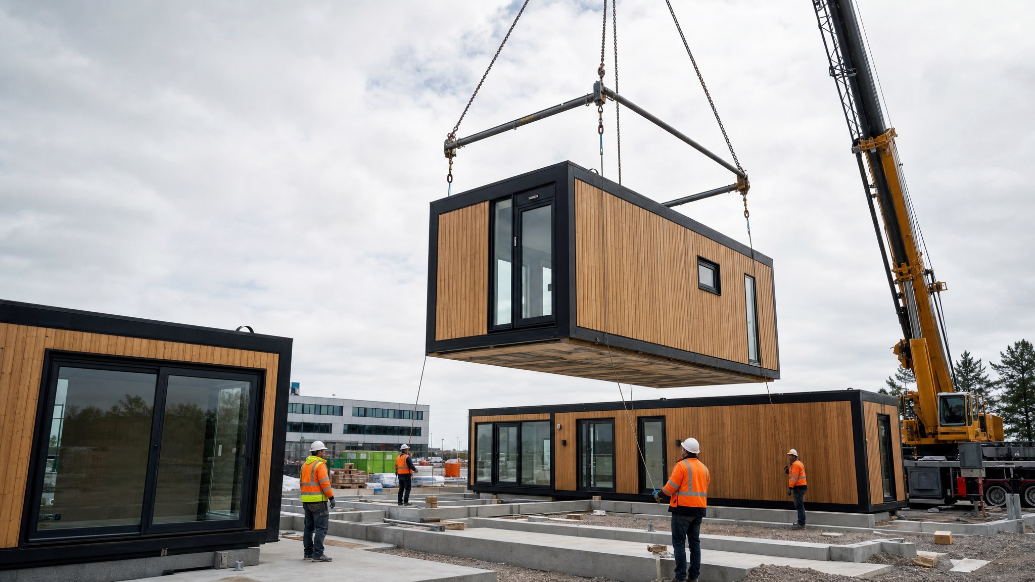 Modular building section being positioned by crane at an active project site