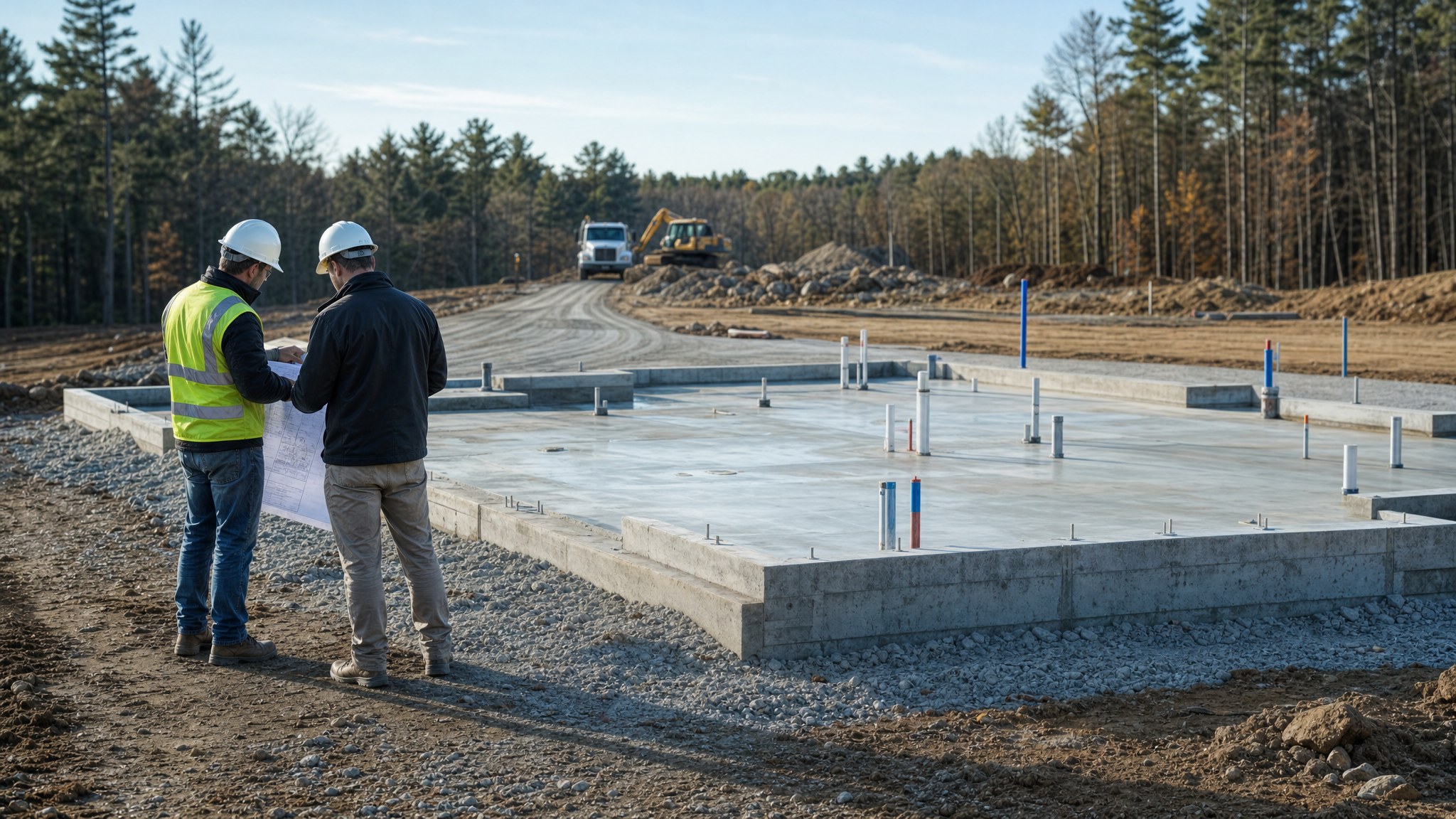 Project team reviewing a foundation and utility connections before modular delivery