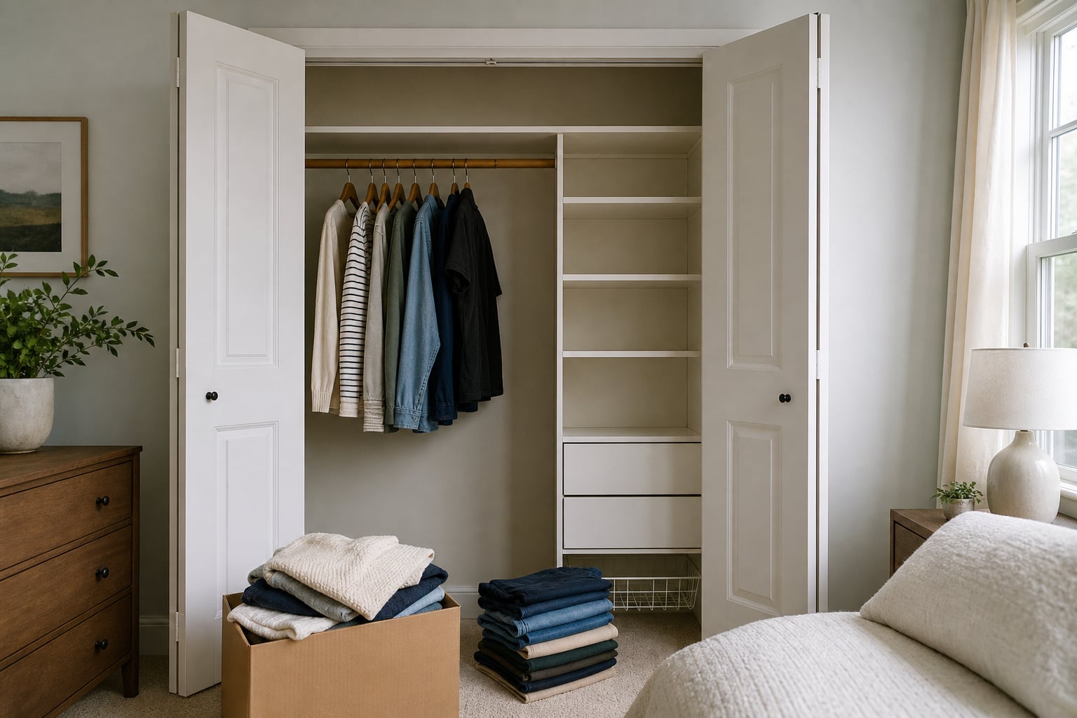 An organized closet with a small amount of clothing ready to move