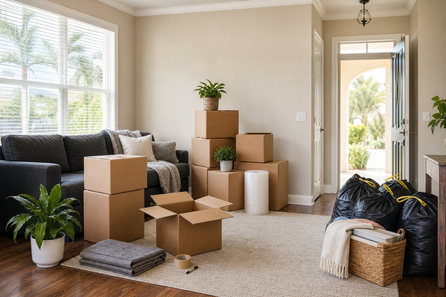 Moving boxes and donation bags in a bright Florida living room