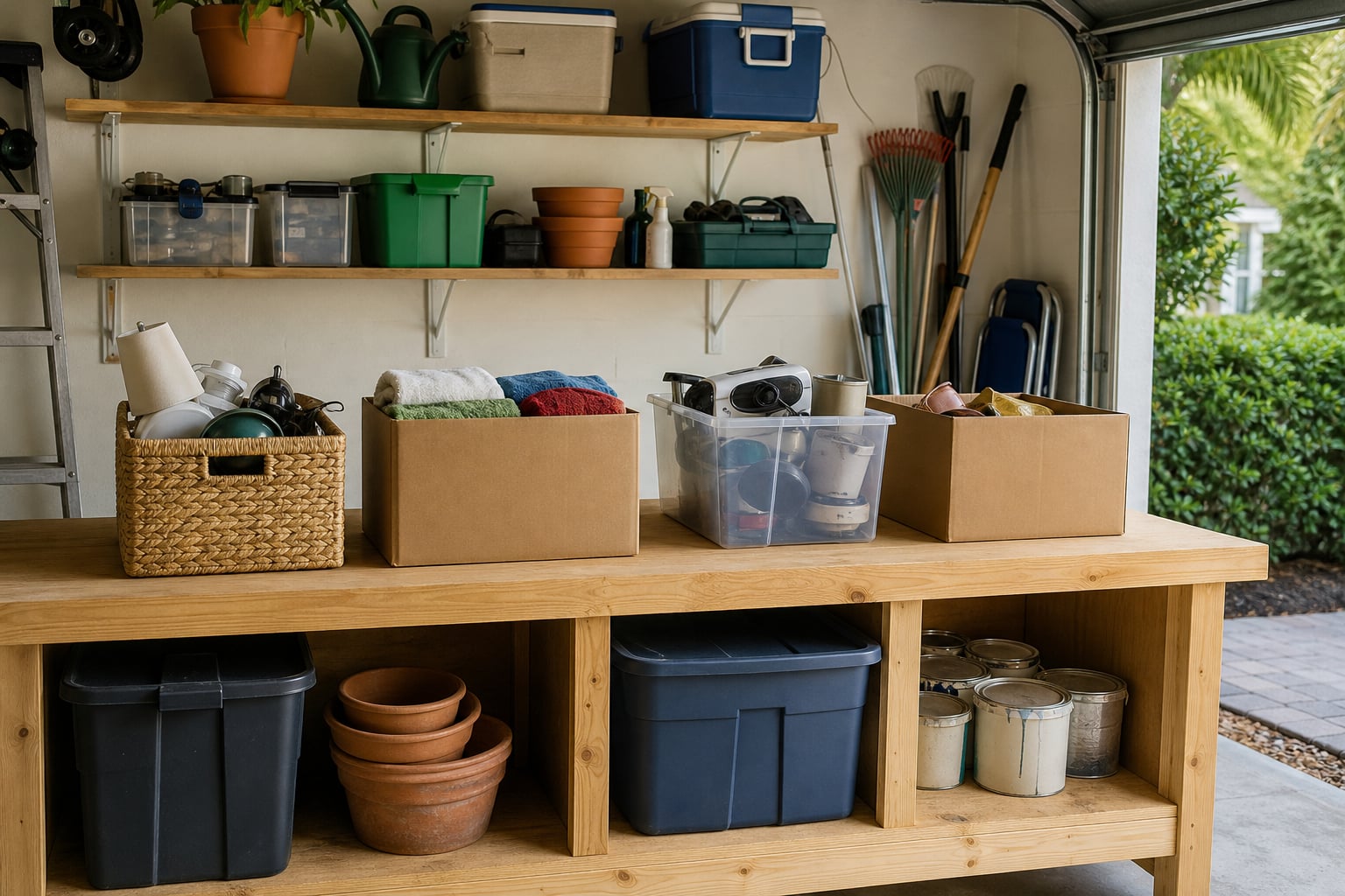 Organized household items on a garage workbench before a move