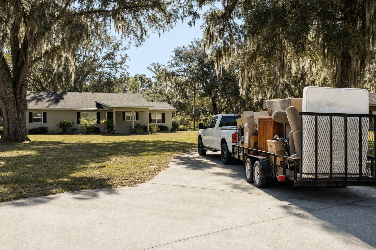Illustrative pickup truck and utility trailer loaded with household items outside a Florida home