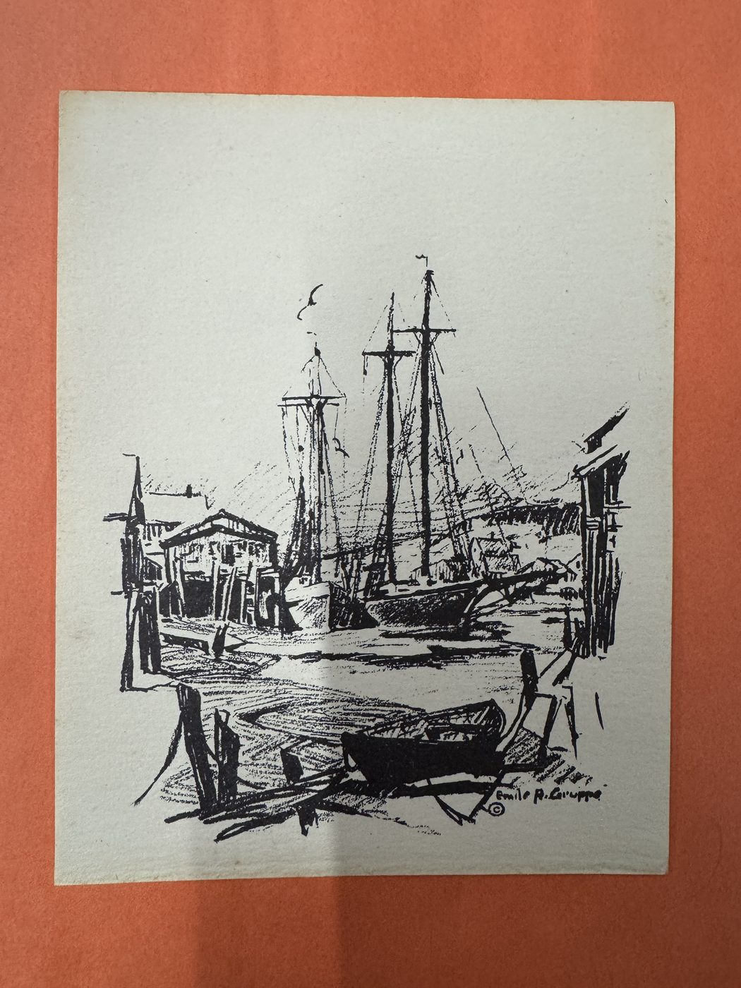 Black and white harbor illustration from the Grillo estate