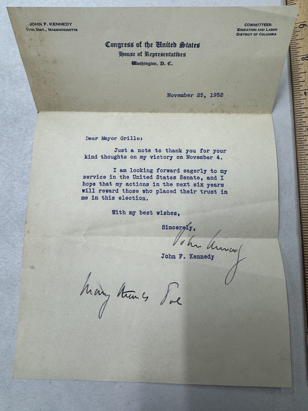John F. Kennedy correspondence addressed to Mayor Grillo
