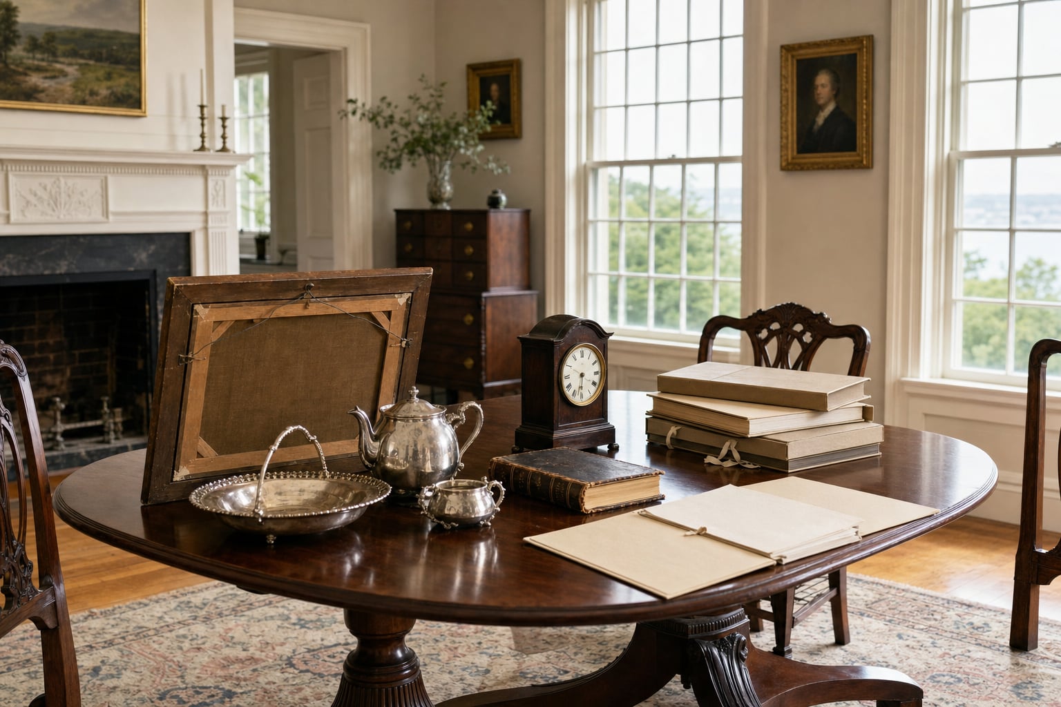 Estate objects and records arranged on a table for careful review