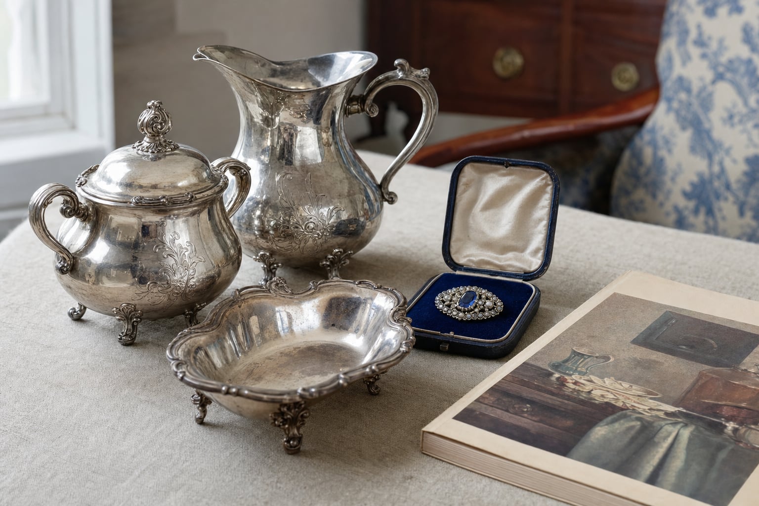 Silver serving pieces and an estate brooch set aside for review