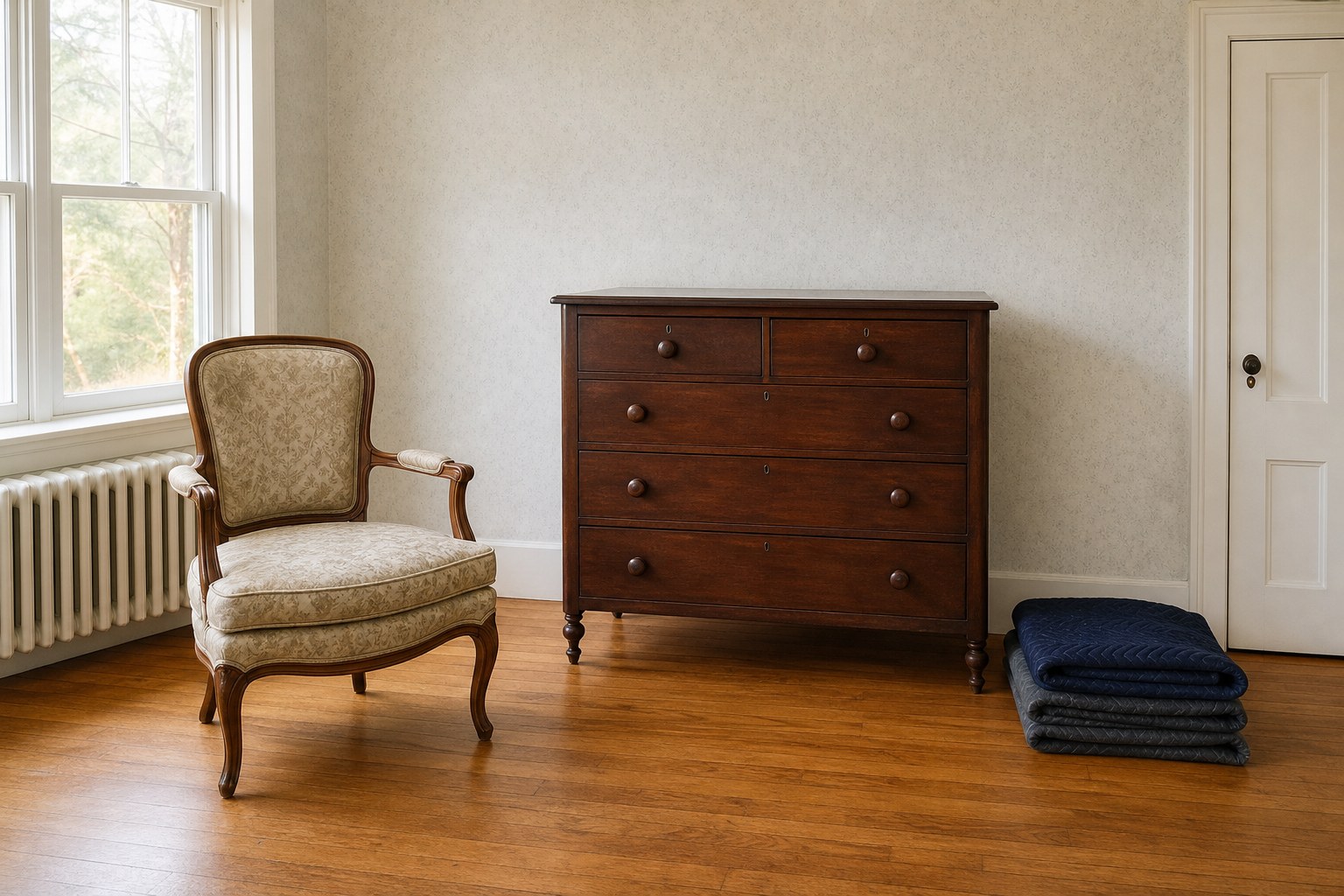 Vintage dresser and upholstered chair left clear of an estate-room move path