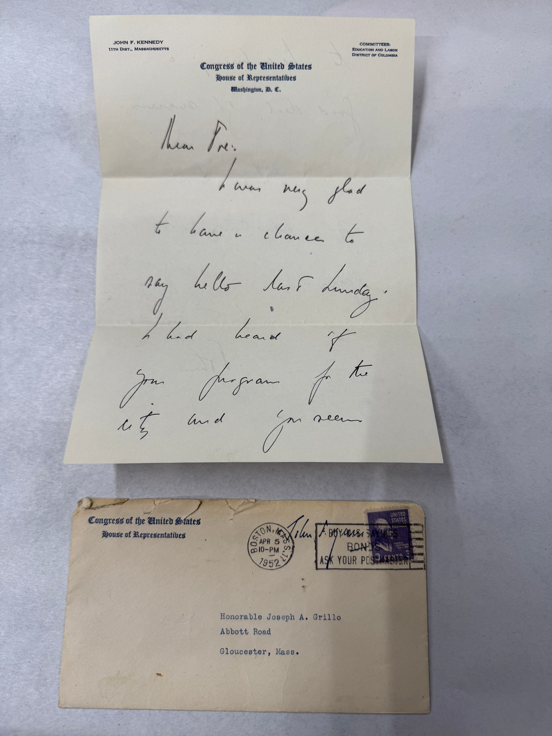 Handwritten John F. Kennedy letter and original envelope addressed to Joseph A. Grillo