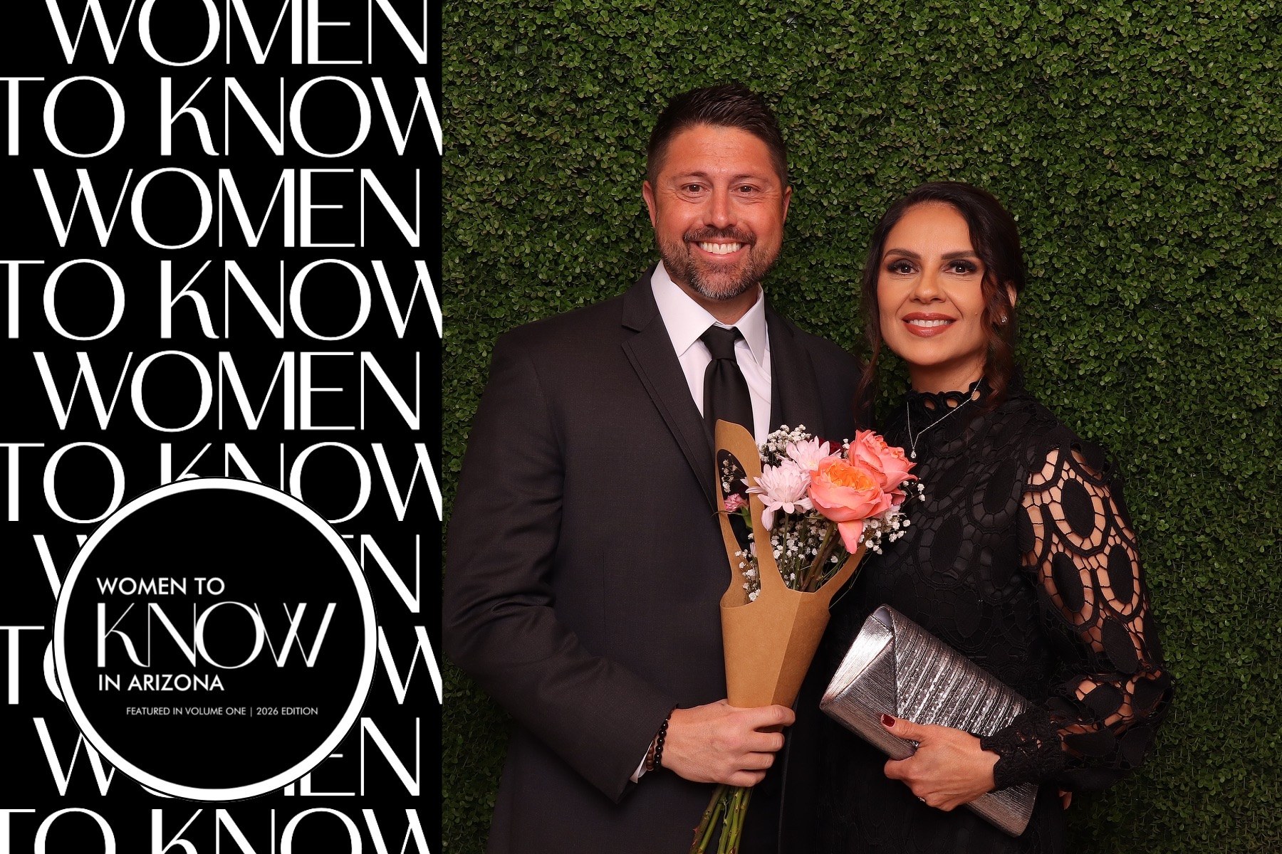 Couple photographed with a branded Women to KNOW in Arizona DSLR photo booth layout at Dolce Events