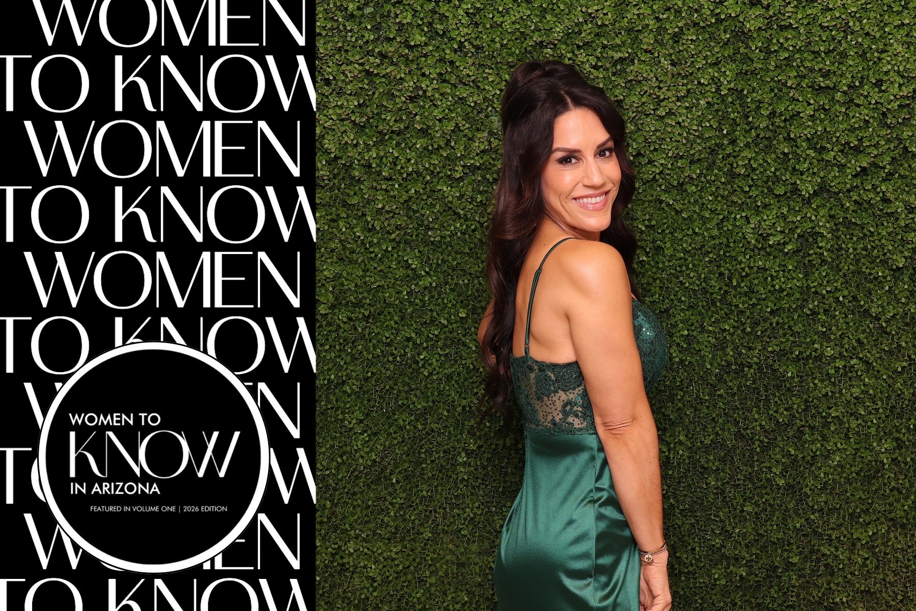 Gala guest posing for a glam DSLR photo booth portrait against a greenery wall at Women to KNOW in Arizona