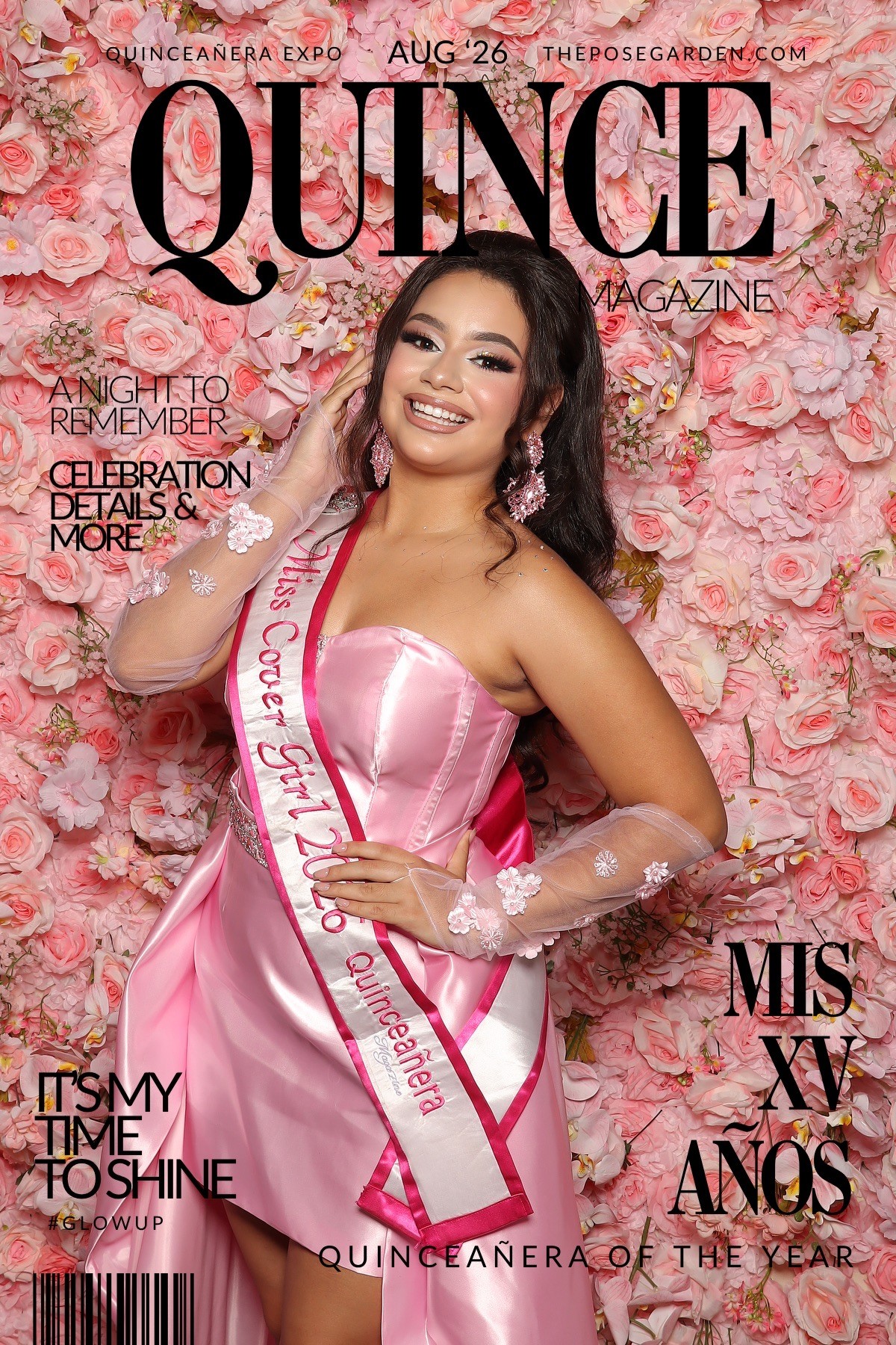 Quinceañera magazine cover photo created at The Pose Garden photo booth with a pink flower wall backdrop