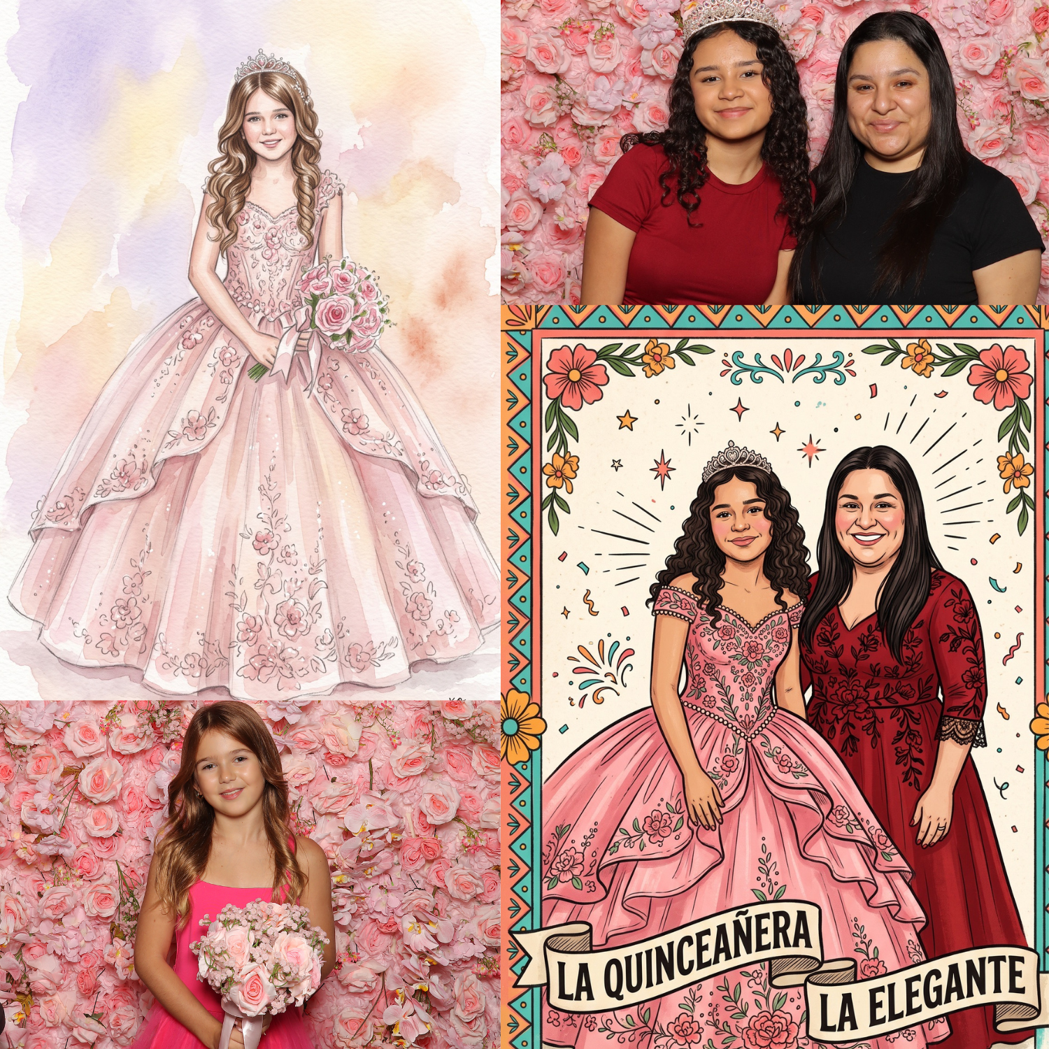Quinceañera watercolor portrait and La Lotería-style photo experience created by The Pose Garden in Phoenix, Arizona
