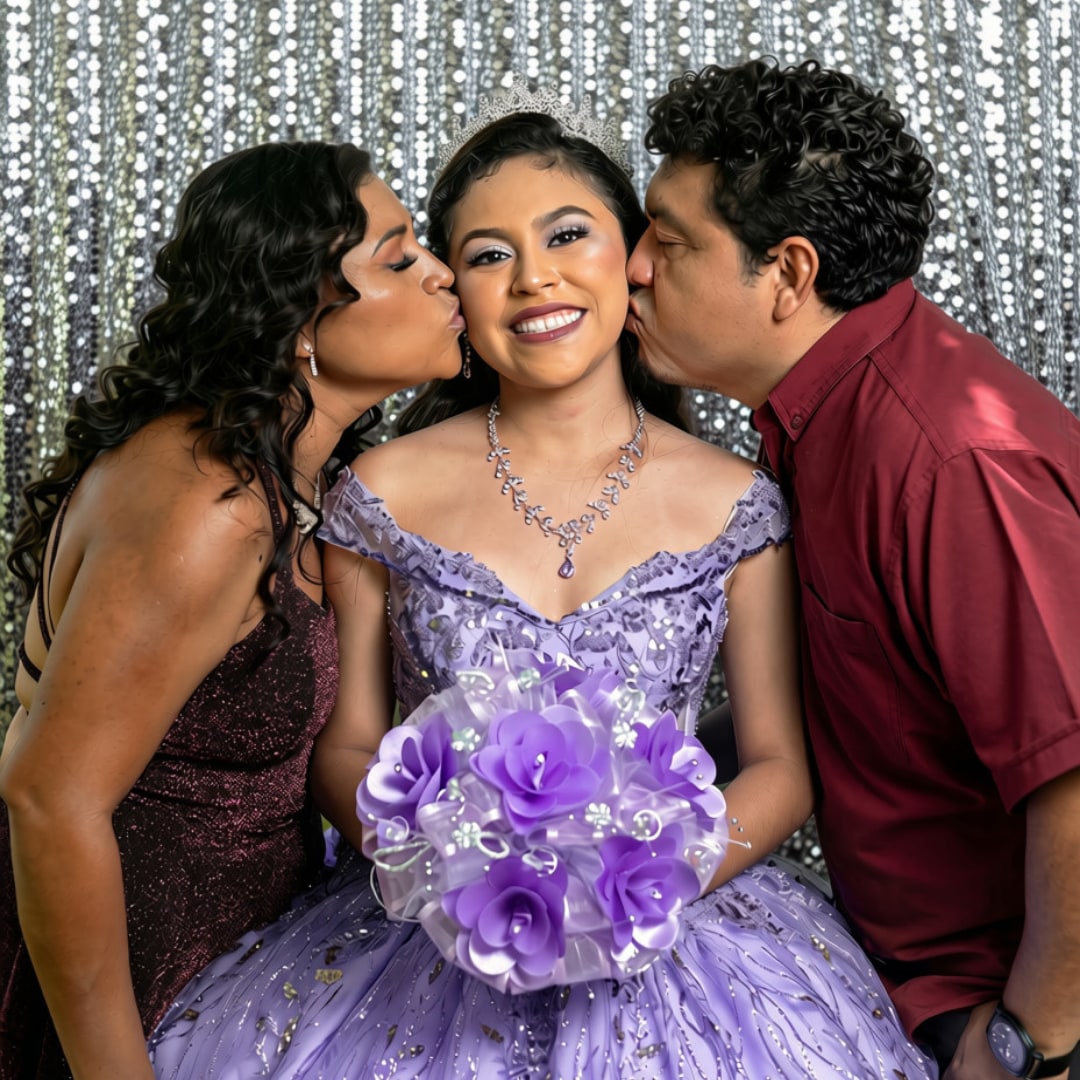 Quinceañera in a purple gown with her parents in front of a silver backdrop