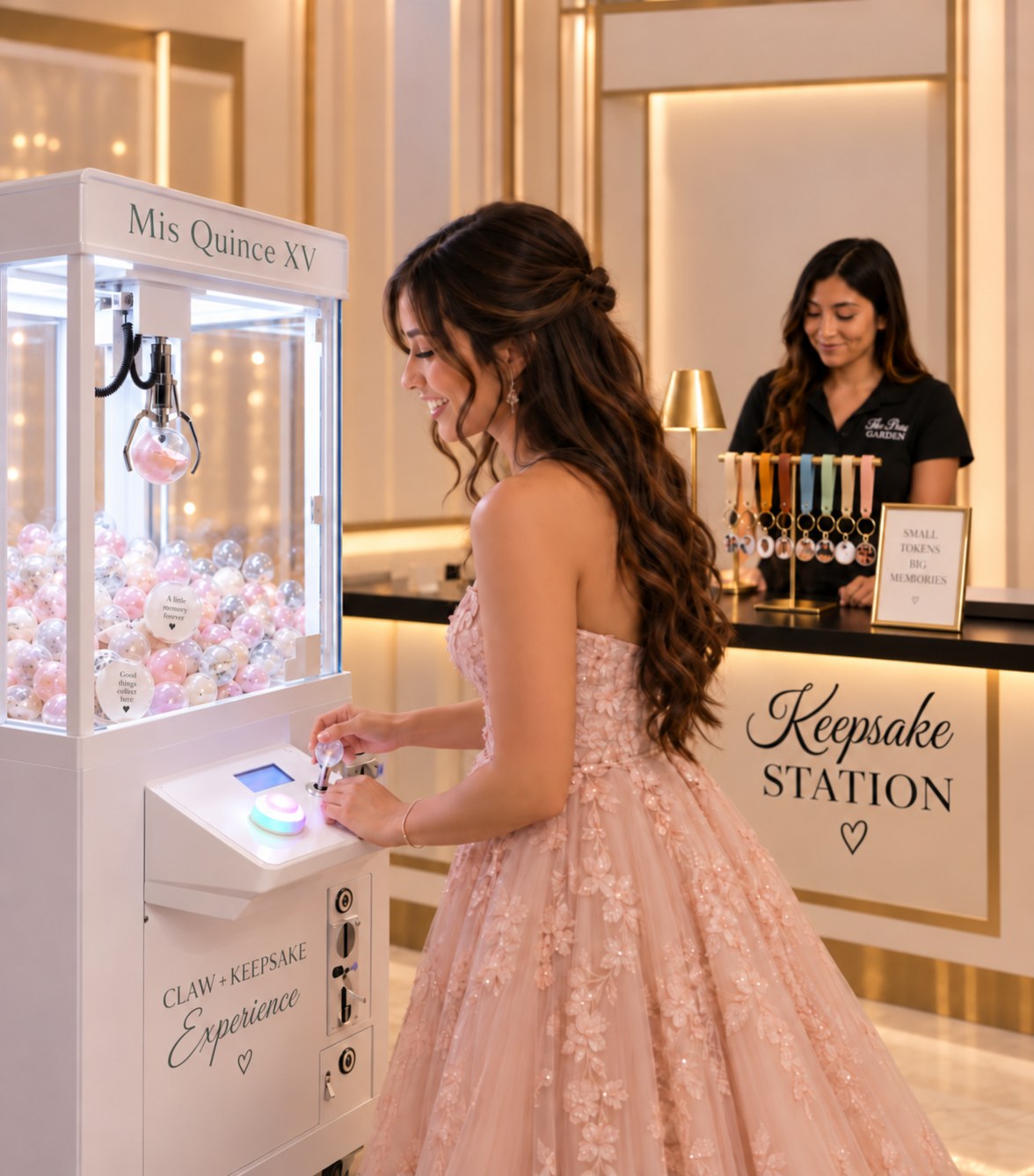 Quinceañera guest playing a claw machine beside the Keepsake Station.