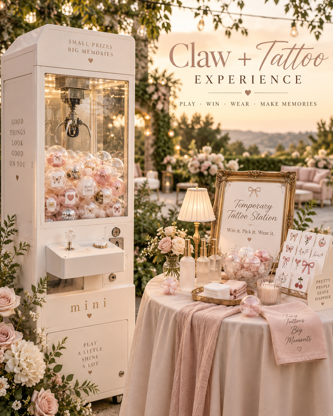 Claw machine and temporary tattoo station styled for an event.