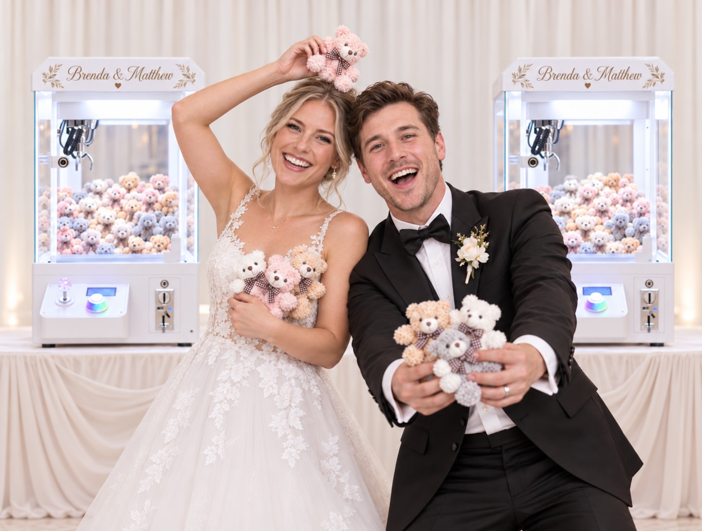 Newlyweds holding teddy bear prizes in front of two custom claw machines.