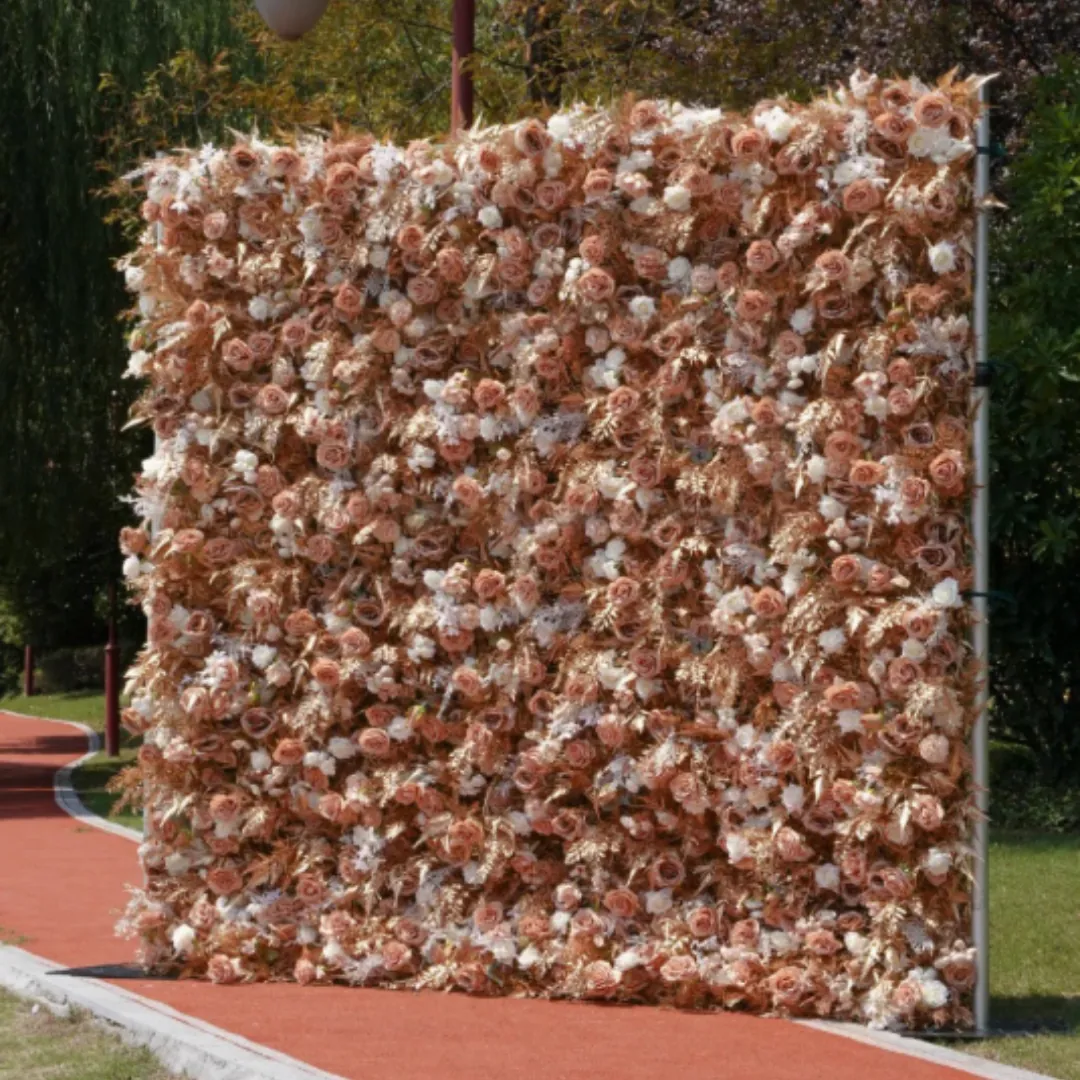 Autumn flower wall with terracotta and champagne flowers