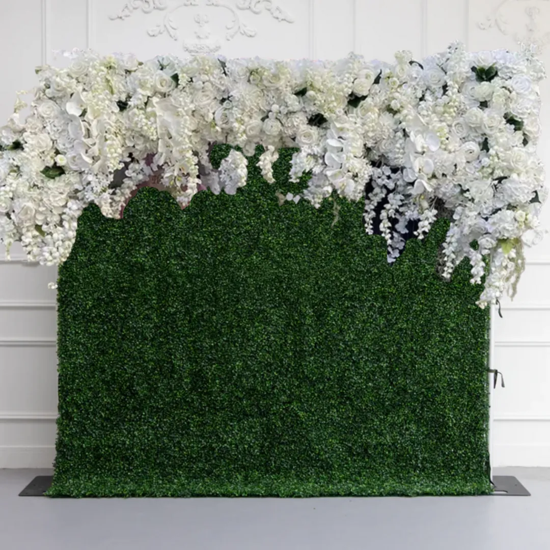 Bianca green boxwood flower wall with white wisteria