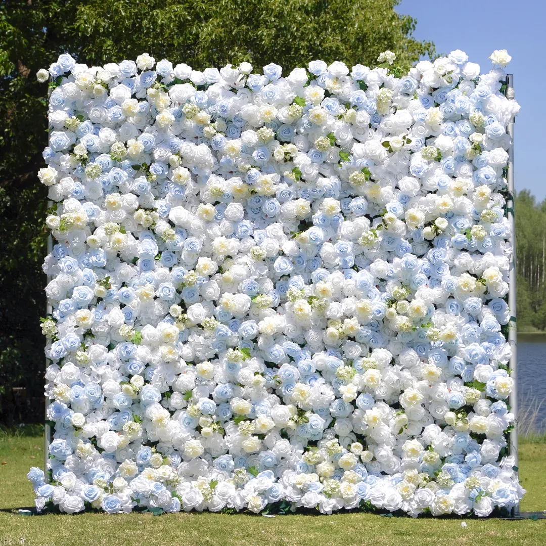 BlueSky flower wall with blue and white roses