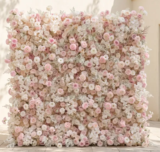 Catherine flower wall with blush roses and ivory blooms