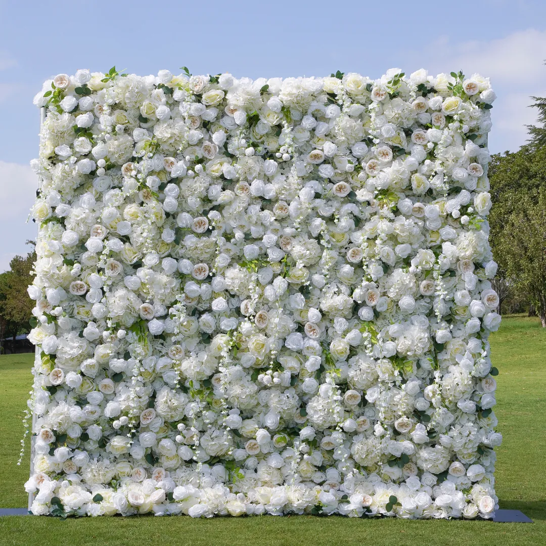 Eve flower wall with white roses and hydrangeas