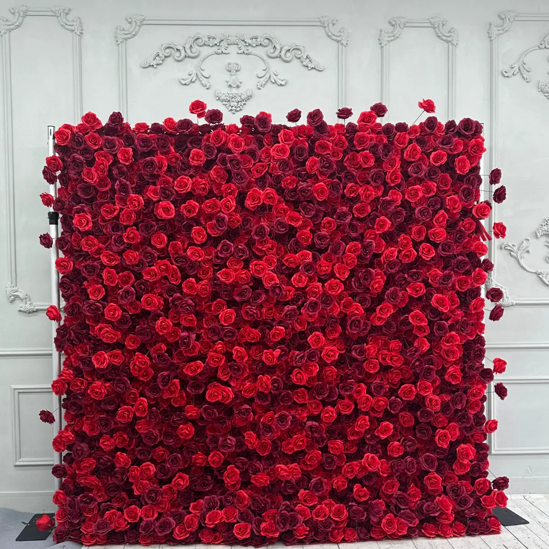 Rosa flower wall with red and burgundy roses