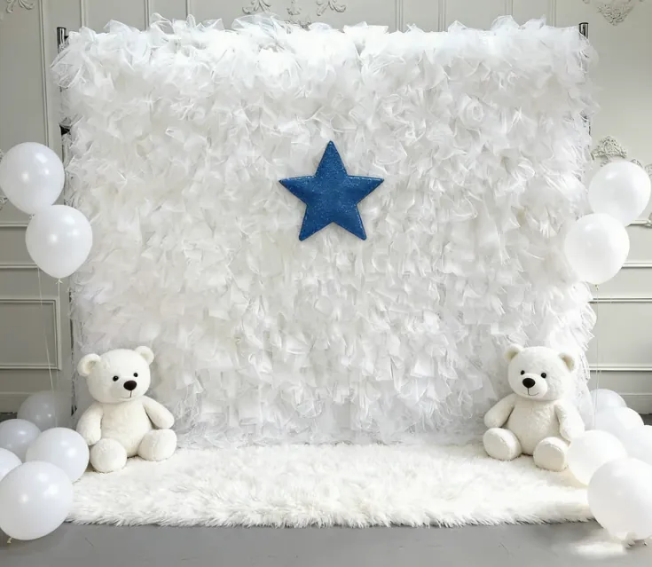 White tulle backdrop with baby blue details