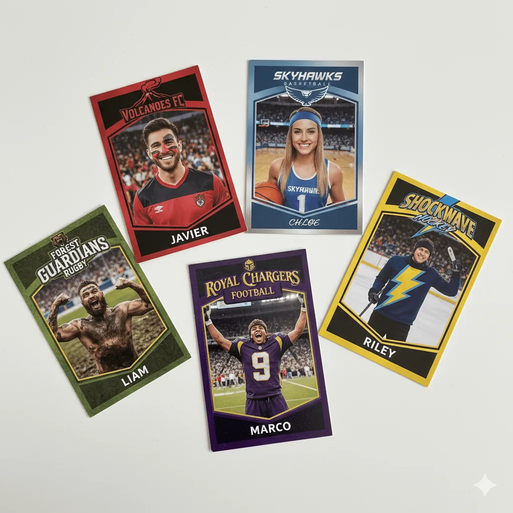 Four custom themed trading cards