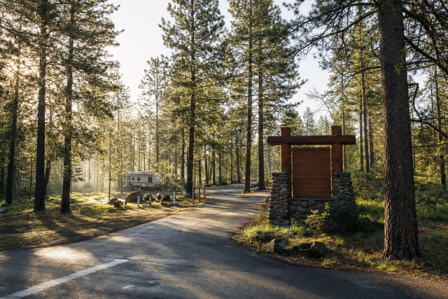 Independent campground entrance among tall pine trees in morning light