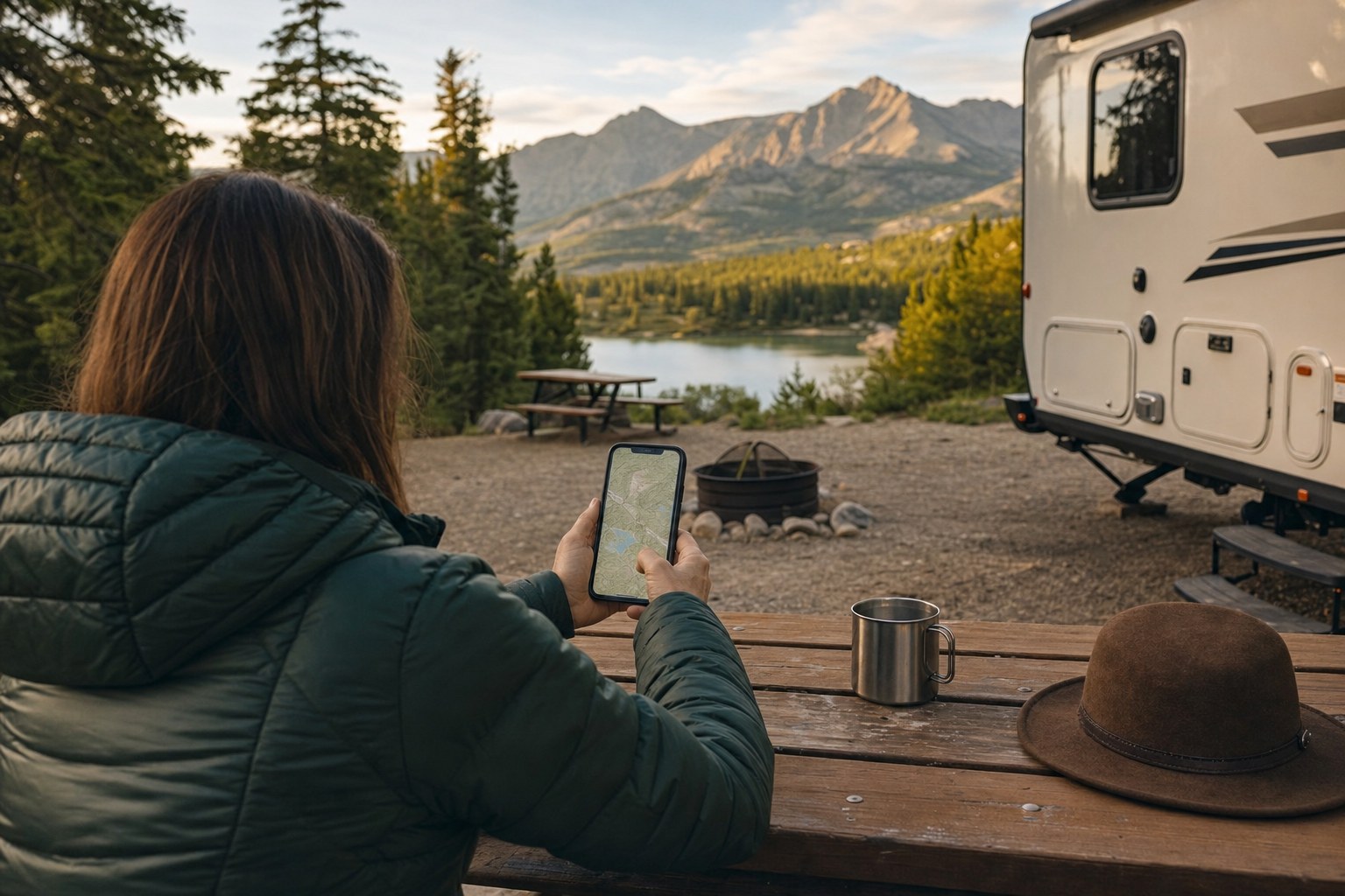Traveler reviewing a campground map on a phone beside a camper