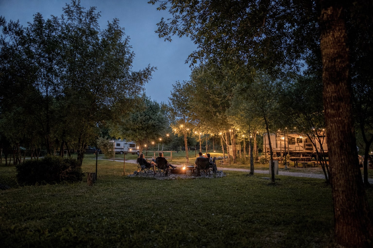 Guests gathering around a campground fire ring at dusk