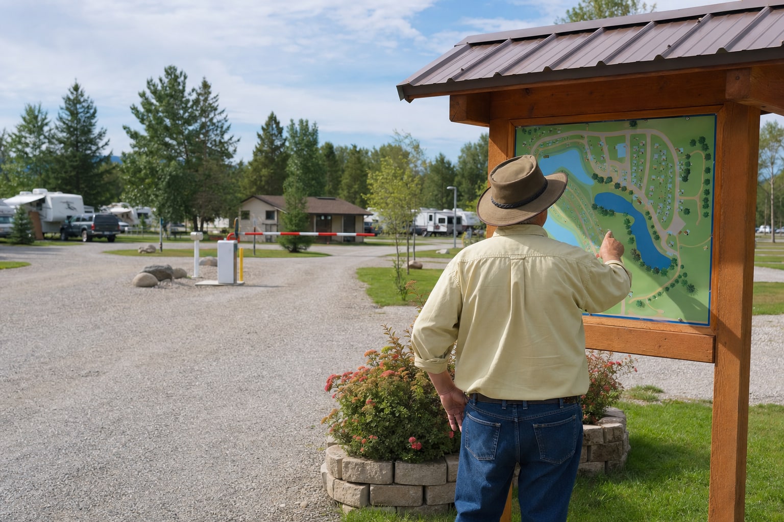 Campground host reviewing a park map beside the entrance