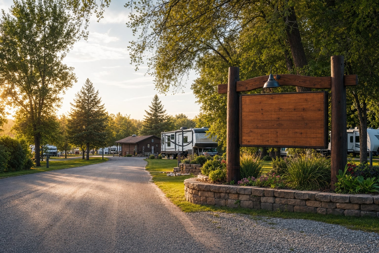 Independent RV campground entrance in warm morning light