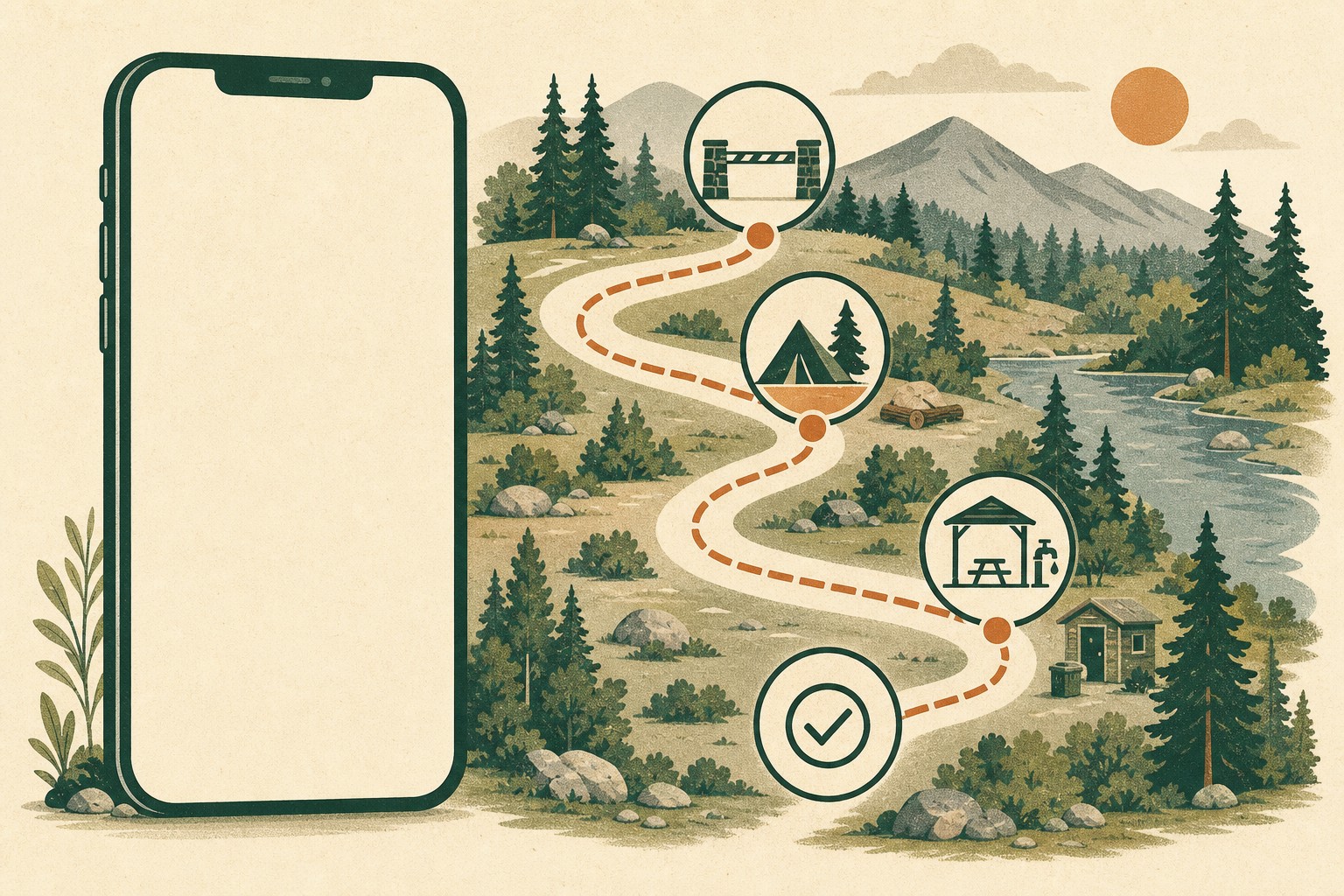 Illustrated route through campground arrival, site, amenity, and booking decisions