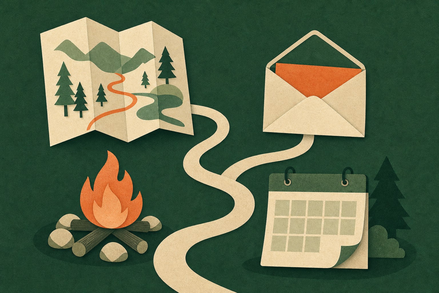 Illustrated map, message, campfire, and calendar for guest communication