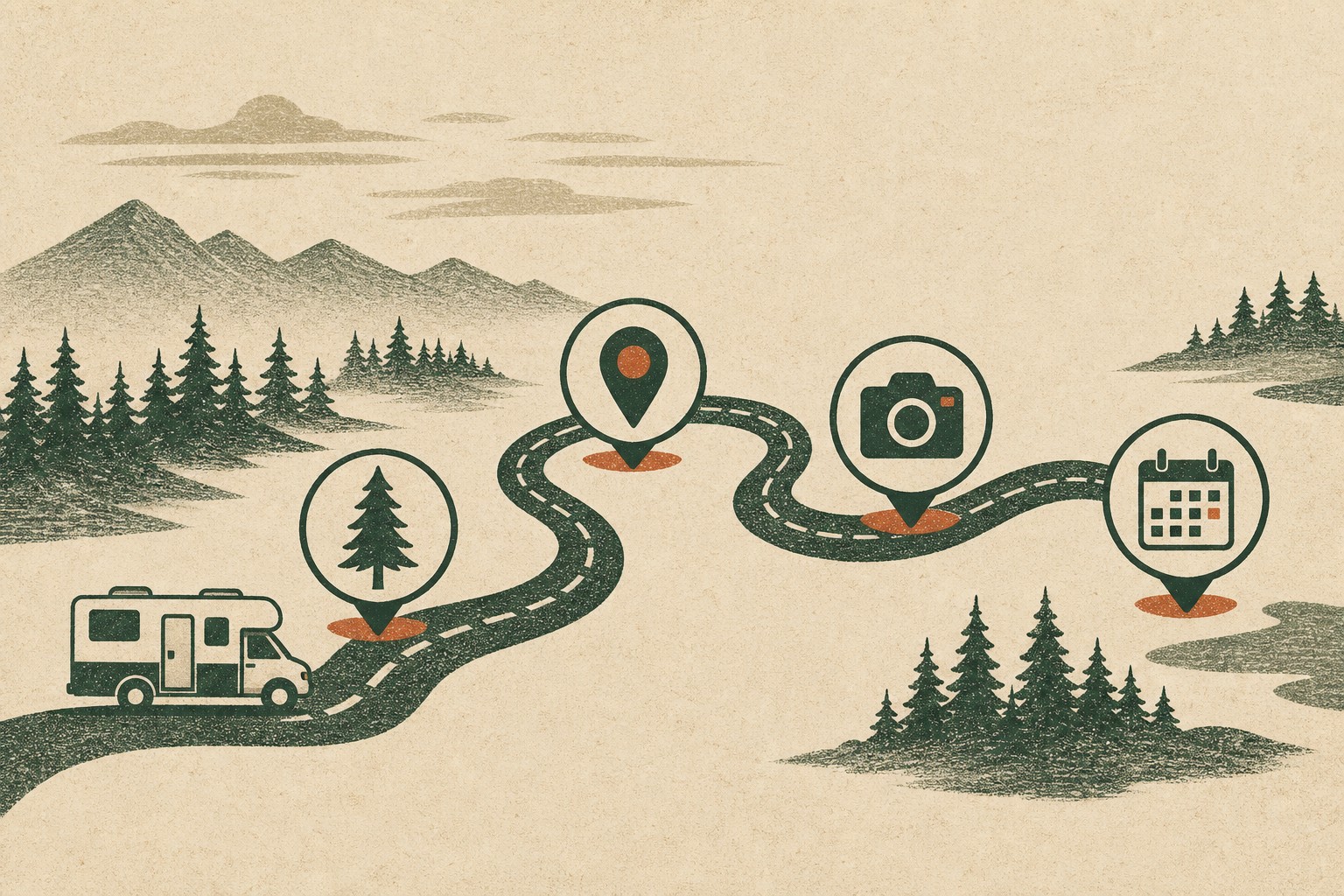 Illustrated route showing a campground guest journey from discovery to booking