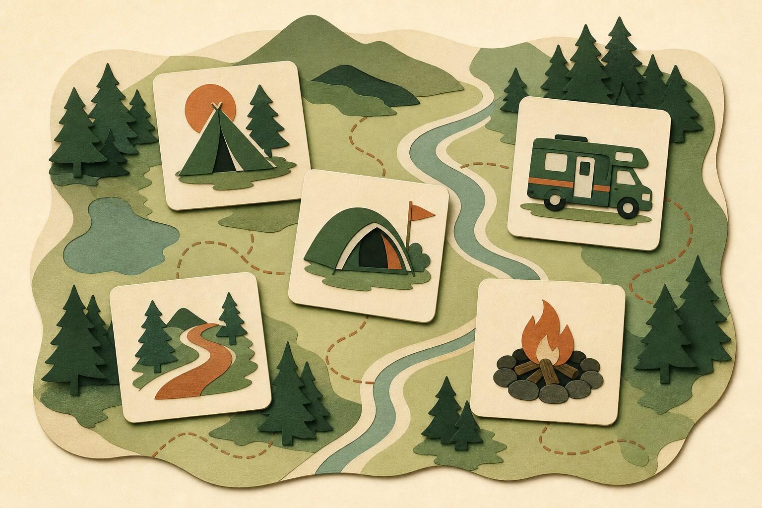 Illustrated camping options arranged across a park map