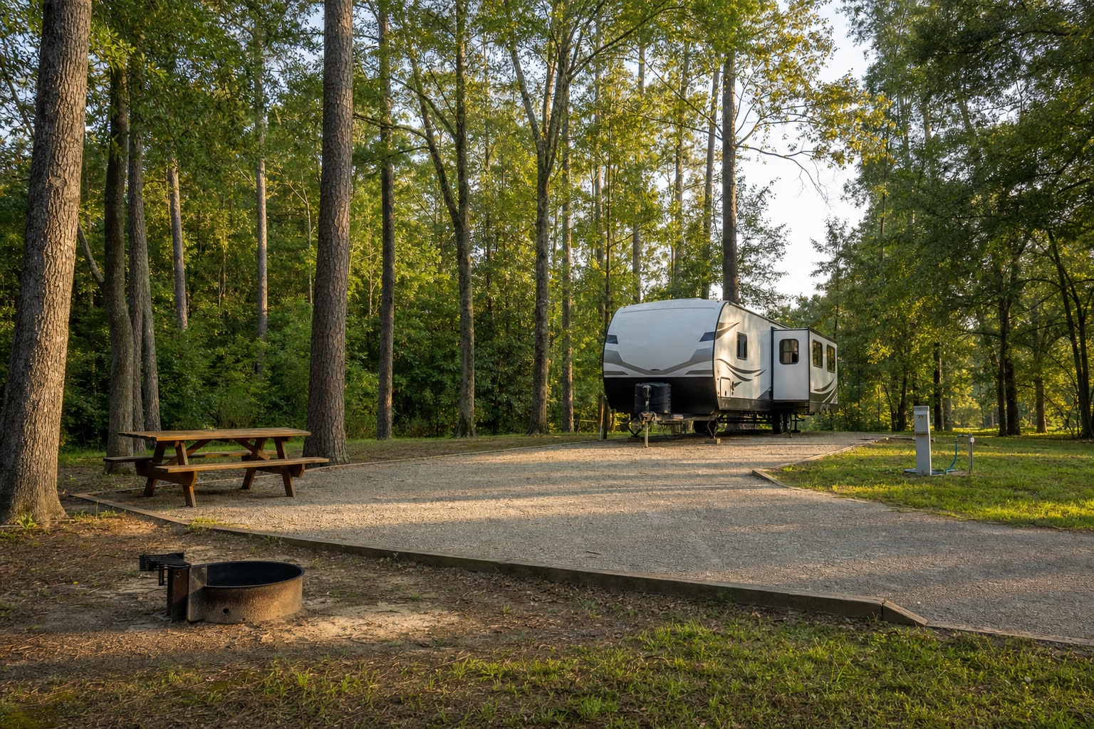 Prepared RV campsite with a picnic table and fire ring