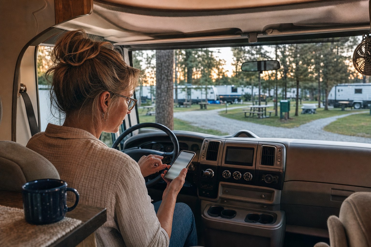 Traveler using a phone to make a reservation from an RV