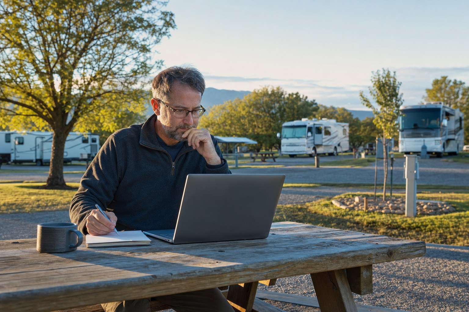 RV park owner reviewing a website checklist at a campground picnic table