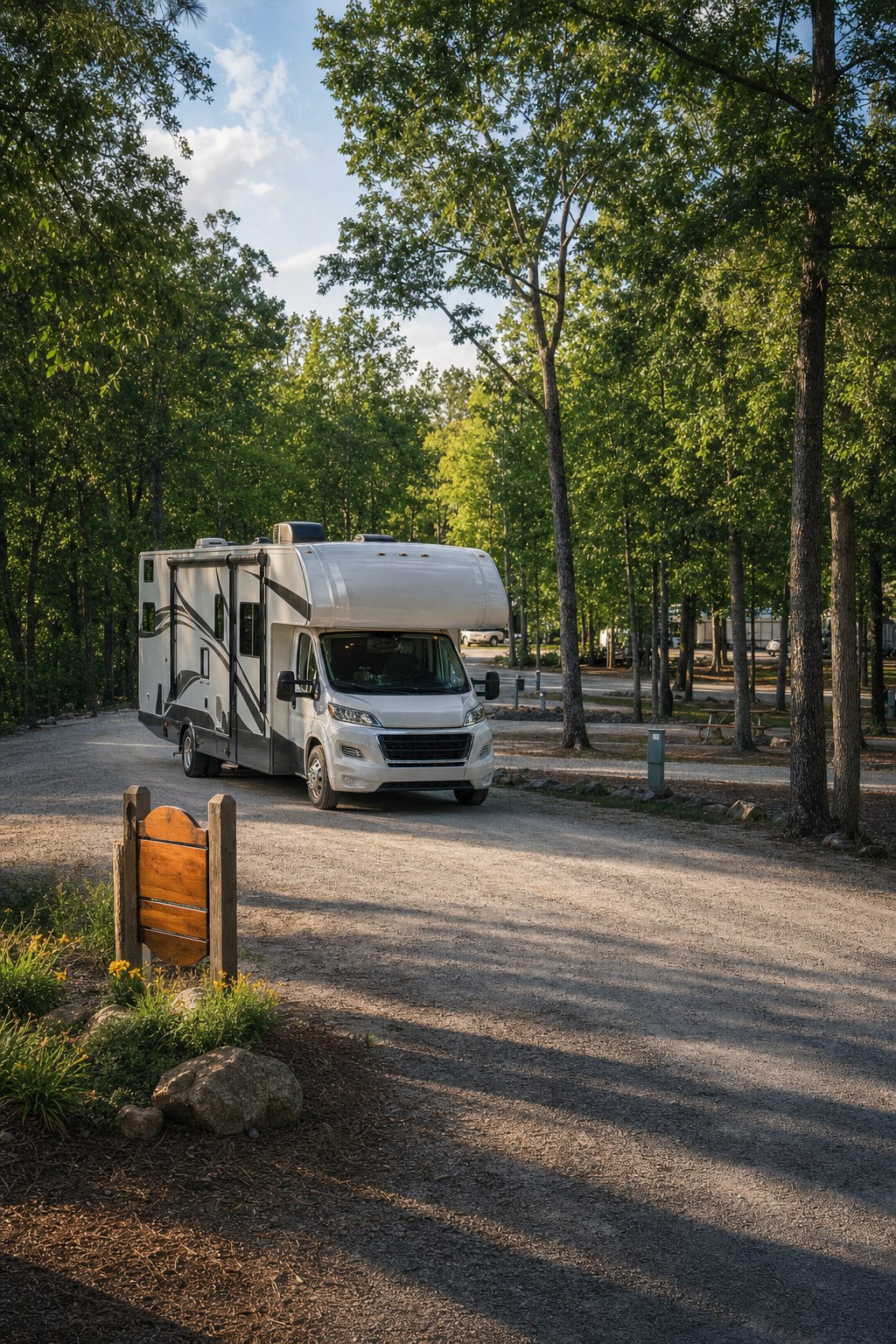 Motorhome arriving at a wooded campground